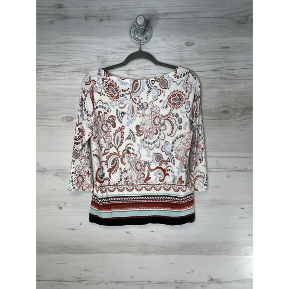 Ann Taylor Factory Shirt Womens Small White Red Paisley 3/4 Sleeve Boat Neck - Picture 9 of 9